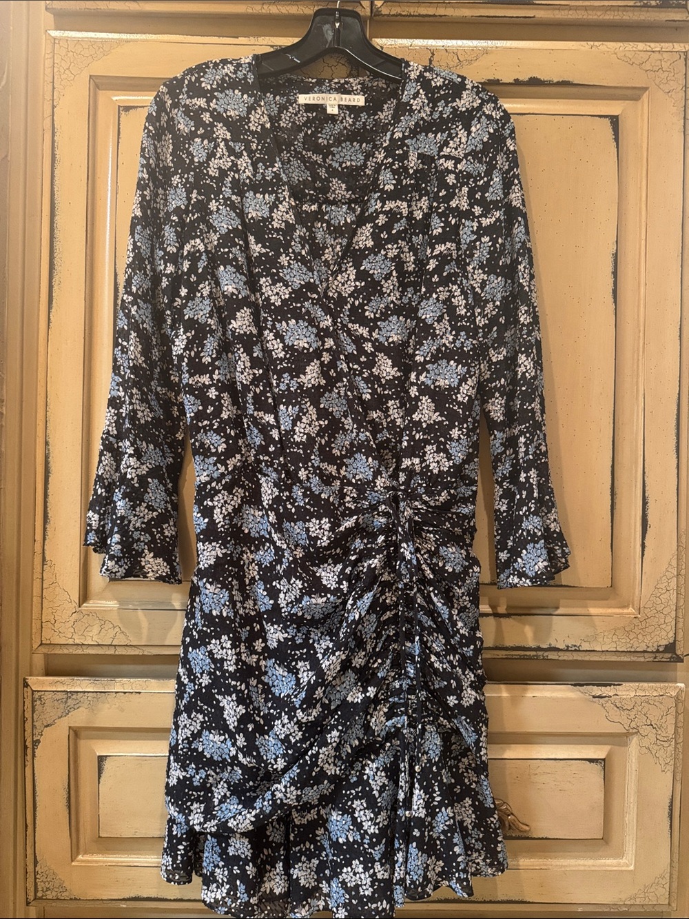 Veronica Beard Black with Blue & White Floral Ruched Wrap Dress
